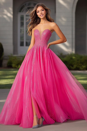 Robe de bal longue à sequins sans bretelles fuchsia fuchsia scintillante avec fente